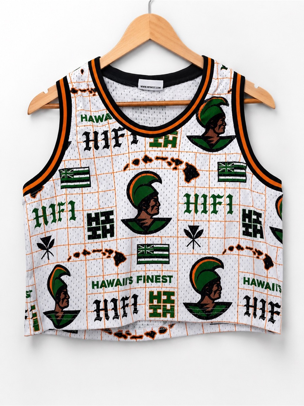 HI Finest White Cropped Graphic Tank with Green & Orange Accents (woman’s)